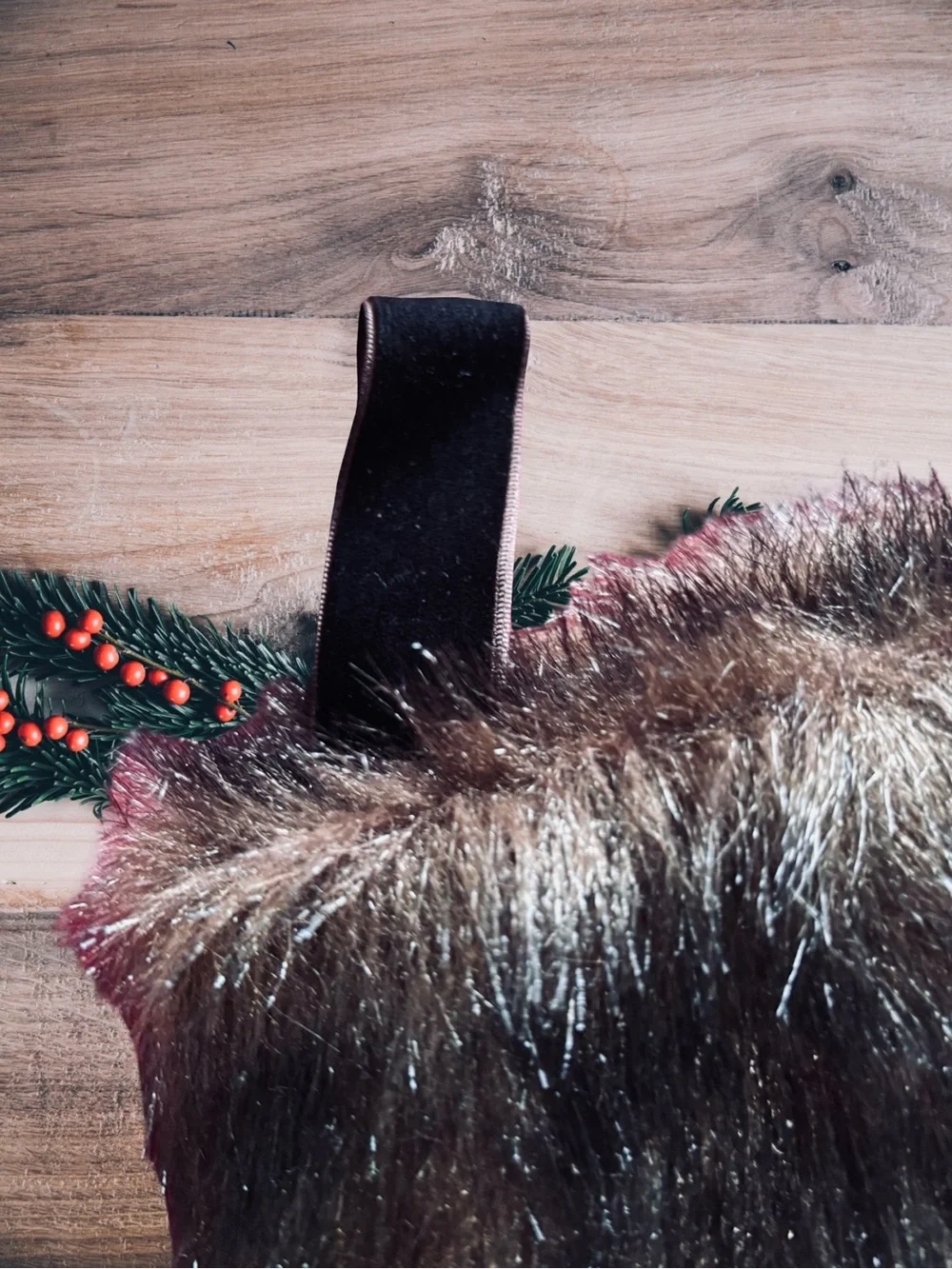 Brown Faux Fur Cuff Holiday Stocking with Embroidered Stag